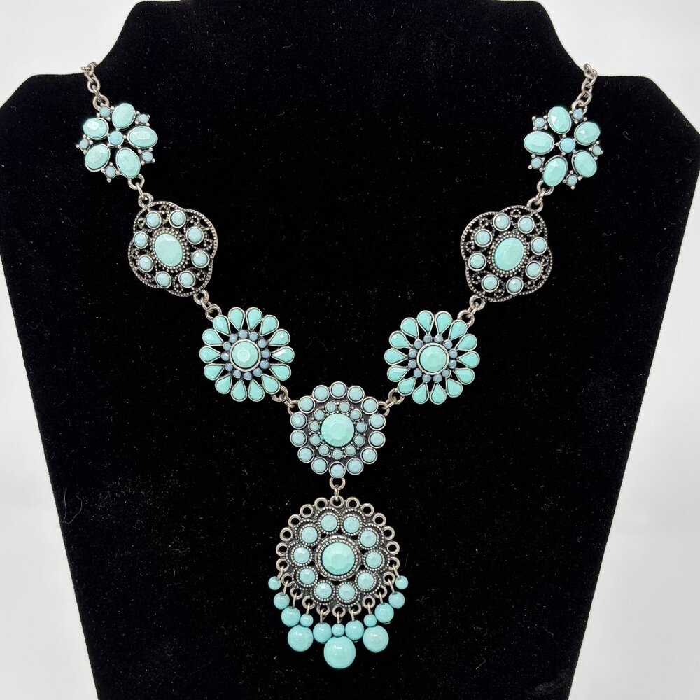 Southwestern Turquoise Blue Silver Toned Adjustable Necklace Ornate Design